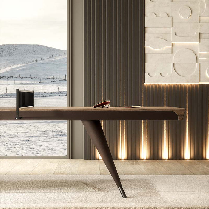 A detailed view of the Blade Table Tennis Table’s leather-wrapped legs and sleek edge, emphasising the fine craftsmanship and luxury materials used.