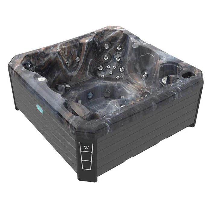 Overhead view of the Wellis Cordoba Hot Tub in marble-effect finish, featuring 2024 Best Buy Award from WhatSpa? Magazine.
