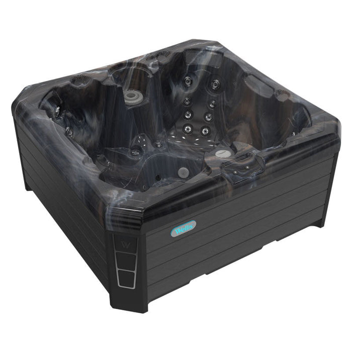 Angled view of the Wellis Porto Holiday Let Hot Tub with black WPS frame and ergonomic interior seating.