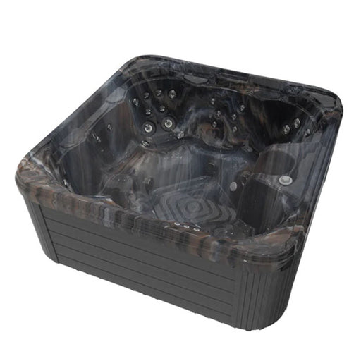 Angled view of empty Wellis Valencia 7 Person Hot Tub in Midnight Canyon finish, ideal for luxury rentals and garden spas.