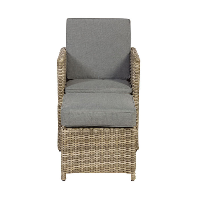 Front view of the rattan chair and stool from the Wentworth 10 Seater Cube Dining Set, designed for comfort and space efficiency.