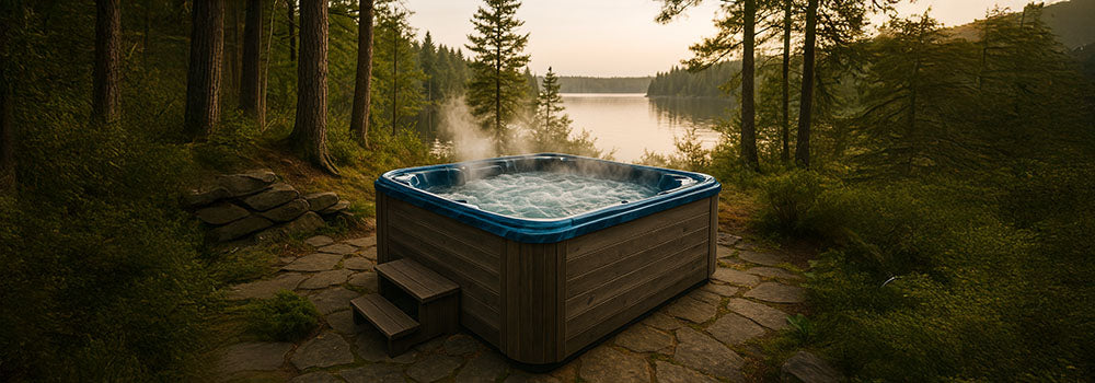 Acrylic hot tub with steam overlooking a tranquil lake at the forest’s edge.