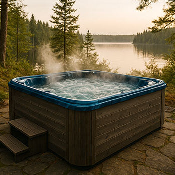 Acrylic hot tub with steam overlooking a tranquil lake at the forest’s edge.
