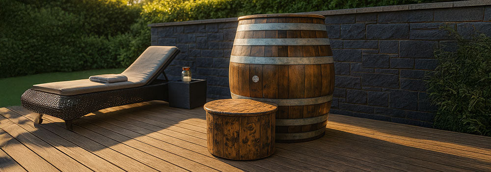 Rustic barrel-style ice bath on a private spa deck with afternoon sunlight and surrounding greenery.