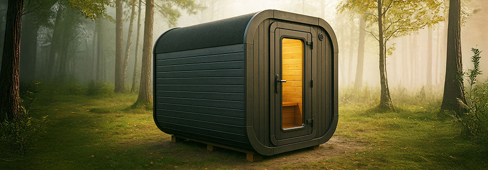Barrel-shaped outdoor sauna with dark wood cladding in misty forest clearing at dawn.