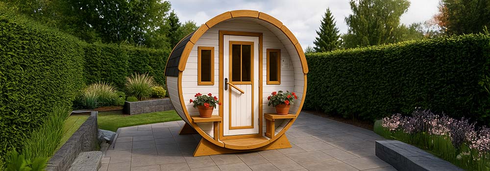 Barrel-shaped outdoor sauna on a modern stone patio surrounded by lush garden greenery.
