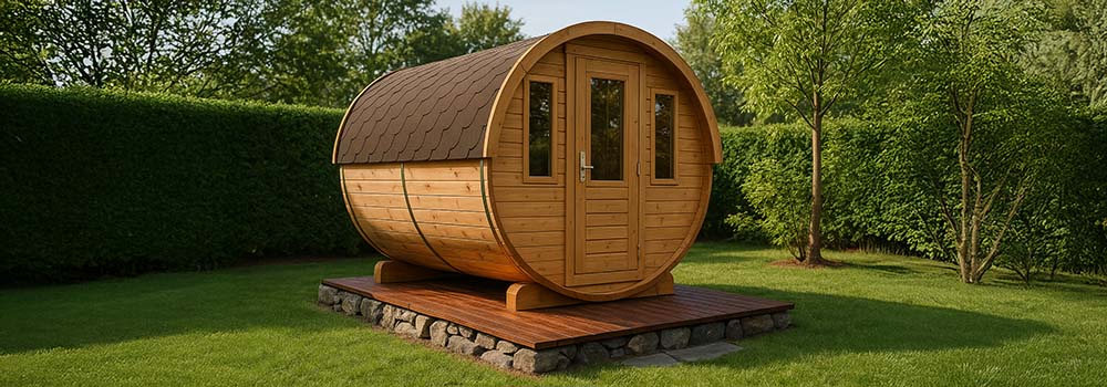 Traditional barrel sauna on a stone base with wooden deck in a sunny, landscaped garden with trees and hedges.