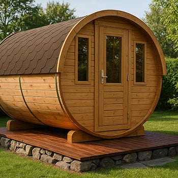 Traditional barrel sauna on a stone base with wooden deck in a sunny, landscaped garden with trees and hedges.