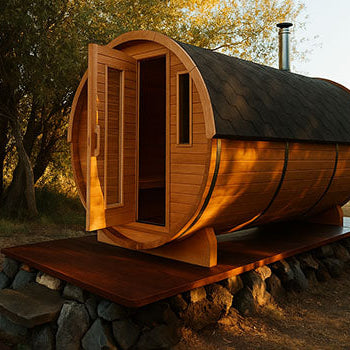 Outdoor barrel sauna on raised stone platform surrounded by golden trees and open meadow at sunset.