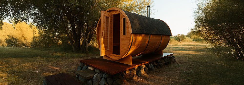 Outdoor barrel sauna on raised stone platform surrounded by golden trees and open meadow at sunset.