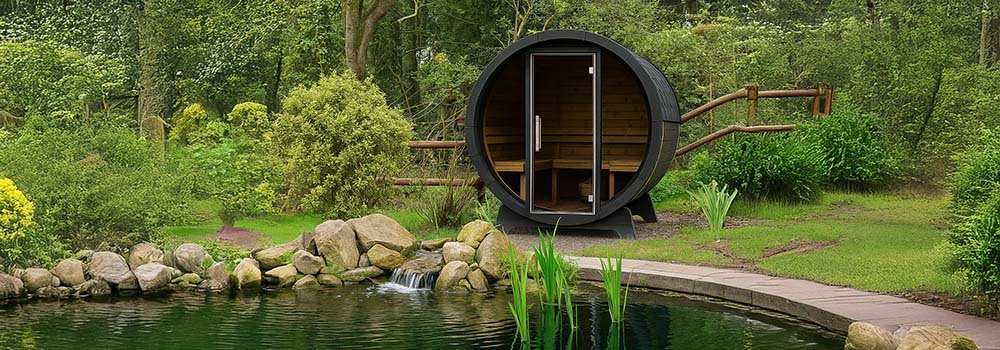 Dark wood barrel sauna beside a natural pond with a small waterfall, surrounded by forest greenery.