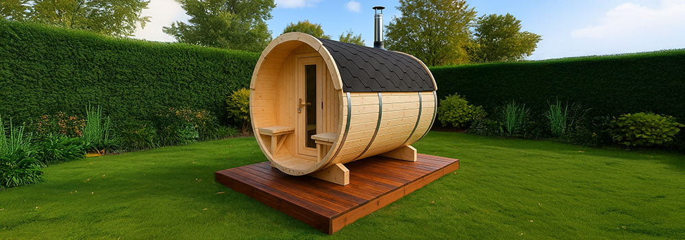 Light wood barrel sauna with black roof on raised wooden deck in a landscaped garden with green hedges.