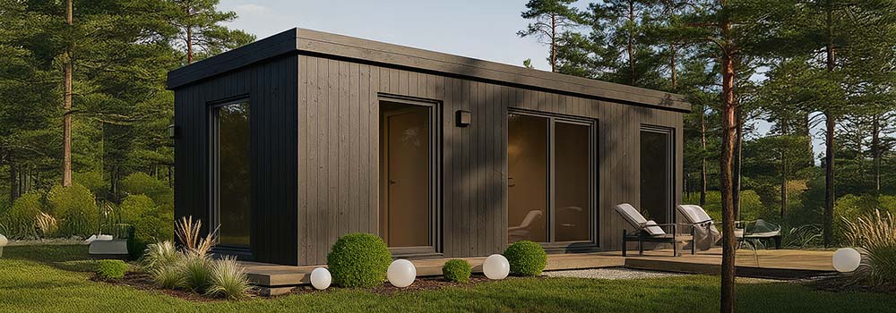 Sleek black timber garden room with patio loungers nestled among pine trees at sunset.