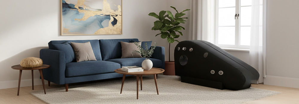 Sleek black hyperbaric oxygen chamber in a bright, modern therapy room with minimalist furniture and large window views of greenery.