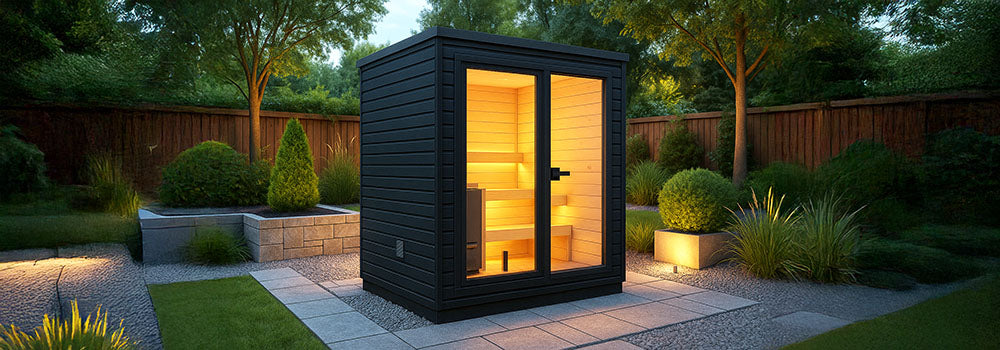 Modern black outdoor sauna on a landscaped backyard patio at dusk with warm interior lighting and lush greenery