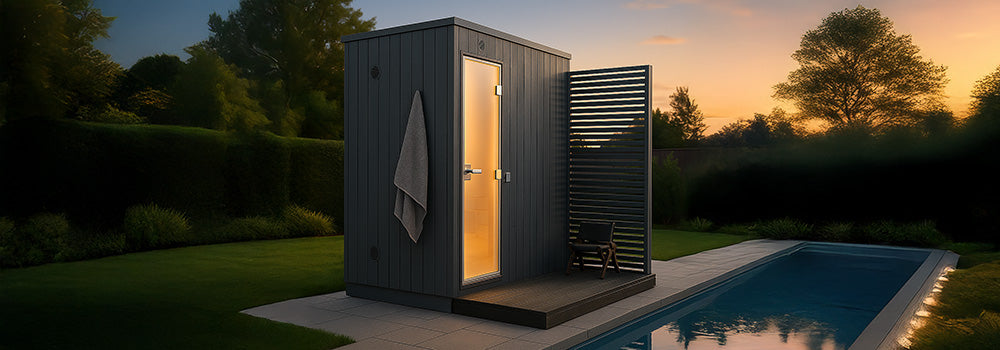 Modern black outdoor sauna with privacy screen beside a pool on a tiled patio at sunset.