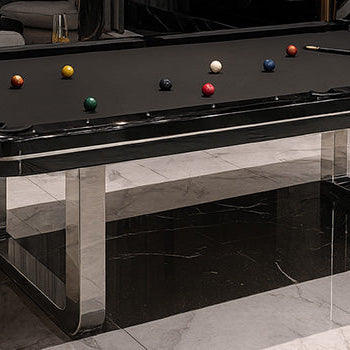 luxury black pool table with chrome legs in elegant living room with wine wall and marble flooring.