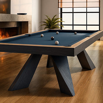 modern snooker table with blue felt in a warm, minimalist living room with fireplace and large windows.