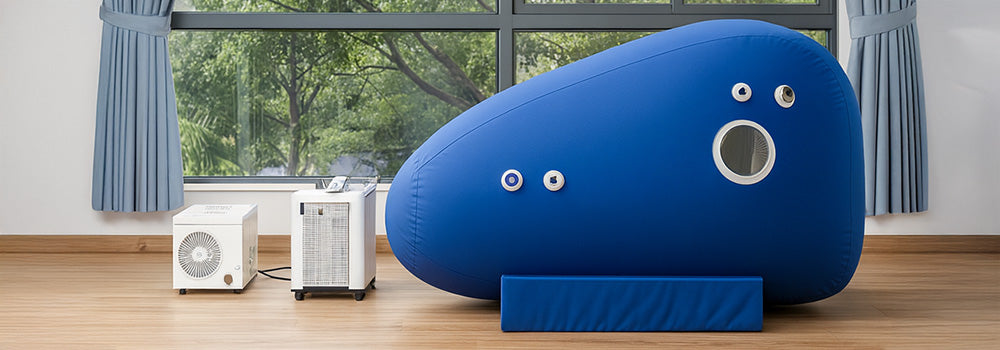 Soft hyperbaric oxygen chamber in a bright therapy room with large windows, wood floors, and garden views.