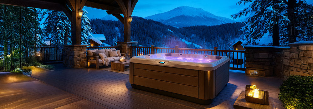 Luxurious hot tub on a chalet deck at twilight with snowy mountain view and warm lighting.