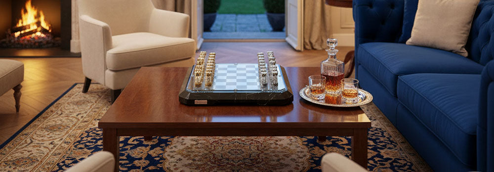 Sophisticated luxury chess board with gold and silver pieces on a black marble base, set atop a polished wood coffee table in a refined lounge with garden view.