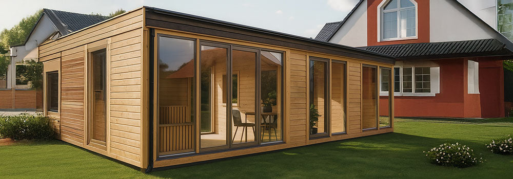 Fully constructed modern wooden garden room with full-length glass panels, adjacent to a red-and-white house, set on a freshly mowed lawn under a partly cloudy sky.
