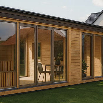 Fully constructed modern wooden garden room with full-length glass panels, adjacent to a red-and-white house, set on a freshly mowed lawn under a partly cloudy sky.