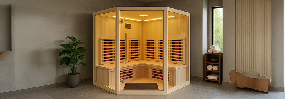 Corner infrared sauna in a modern wellness room with ceramic tiles, potted plant, and natural light from a large window.