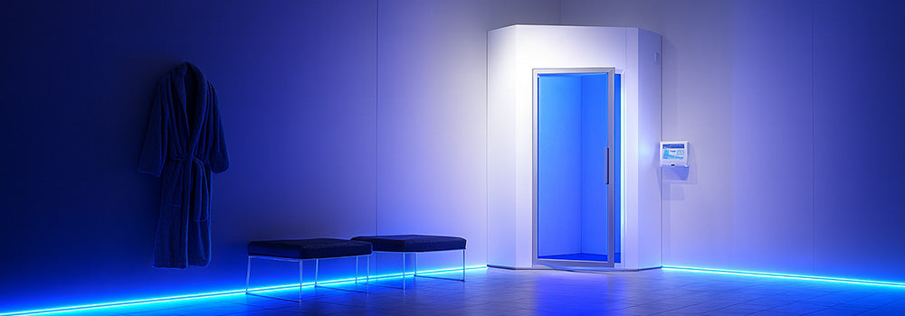 Futuristic cryotherapy chamber in a dark tiled room with blue LED ambient lighting and minimalist decor.