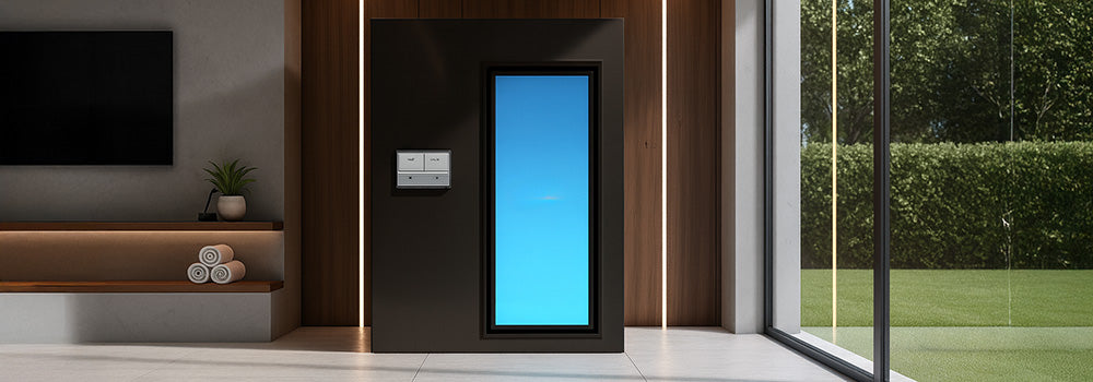 Modern cryotherapy chamber in a luxury home gym with yoga mat, dumbbell, and outdoor garden views.