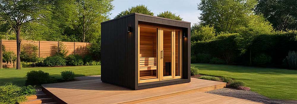 Modern black outdoor sauna with wood interior on a sunny backyard deck surrounded by lush greenery.