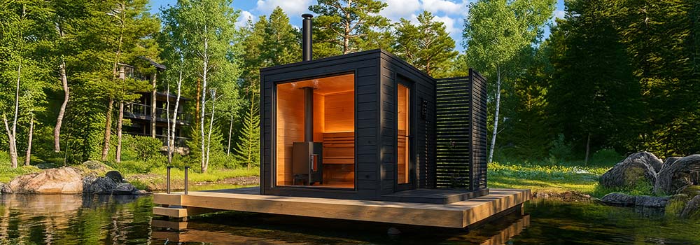 Modern outdoor cube sauna on a lakeside deck surrounded by forest under a blue sky.
