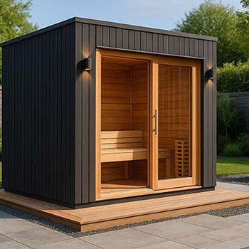 Modern outdoor cube sauna in a landscaped backyard with wooden deck, stone tiles, and lush greenery under clear afternoon skies.