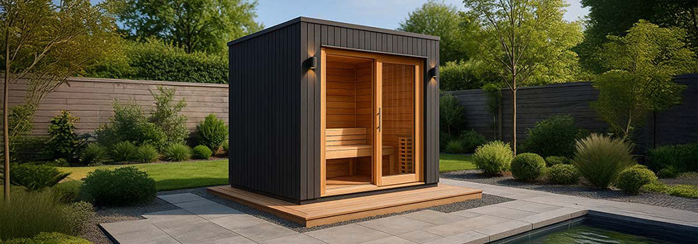 Modern outdoor cube sauna in a landscaped backyard with wooden deck, stone tiles, and lush greenery under clear afternoon skies.