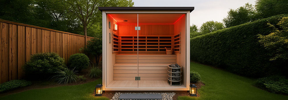 Modern cube sauna in a private landscaped garden at dusk with glowing red interior lighting.