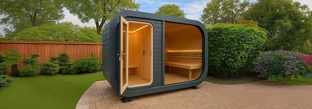 Modern curved outdoor sauna with glass front on a paved patio in a landscaped backyard.