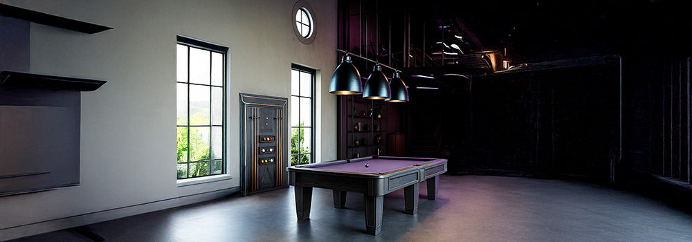 dark wood pool table with purple felt in a luxury garage with industrial lighting, cue rack, and neon accents.