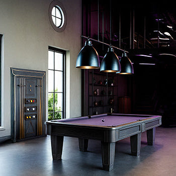 dark wood pool table with purple felt in a luxury garage with industrial lighting, cue rack, and neon accents.