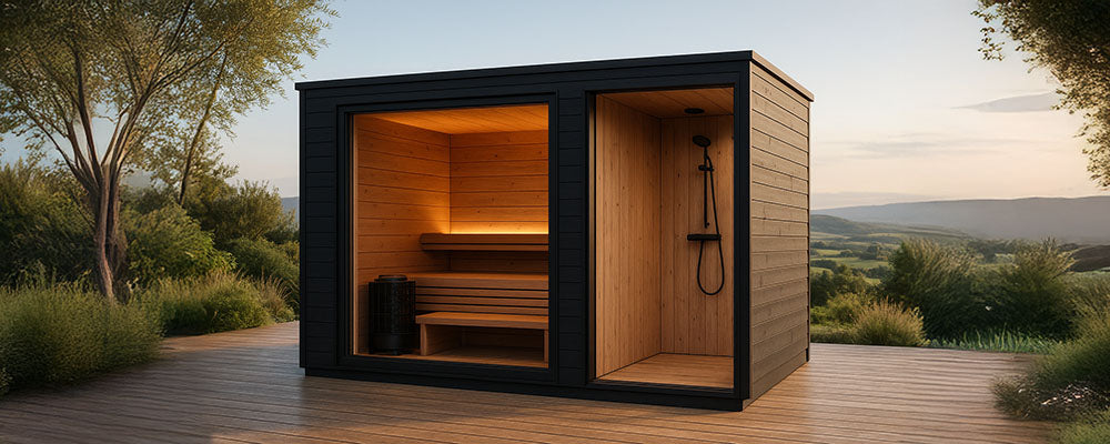 Modern outdoor electric sauna with exterior shower on a wooden deck overlooking rolling countryside at sunset.