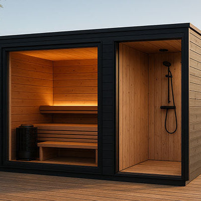 Modern outdoor electric sauna with exterior shower on a wooden deck overlooking rolling countryside at sunset.
