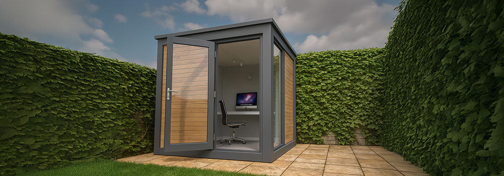 Compact modern garden office pod with glass door and wood-panel detailing surrounded by ivy walls.