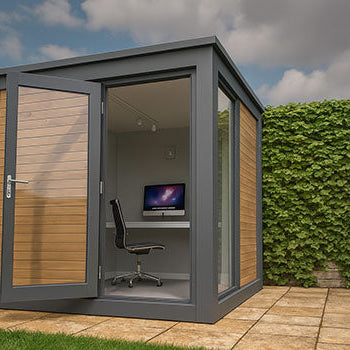 Compact modern garden office pod with glass door and wood-panel detailing surrounded by ivy walls.