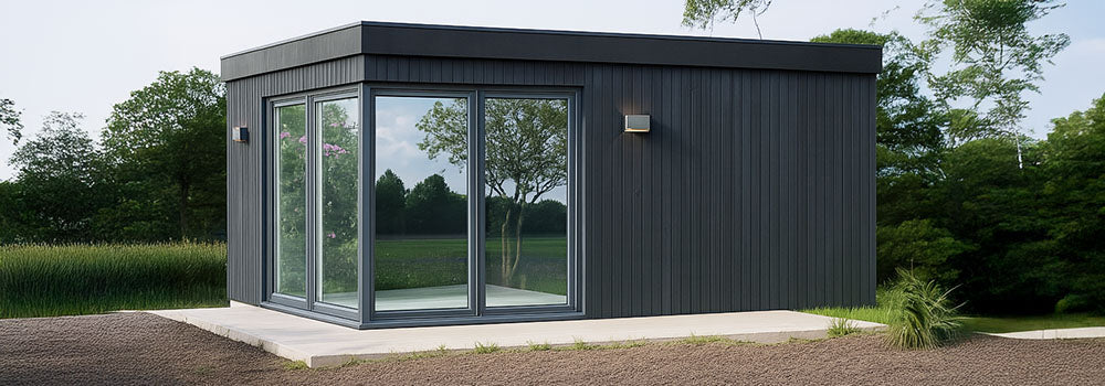 Contemporary garden room with black vertical cladding and glass corner windows, positioned on a concrete base in an open countryside setting.