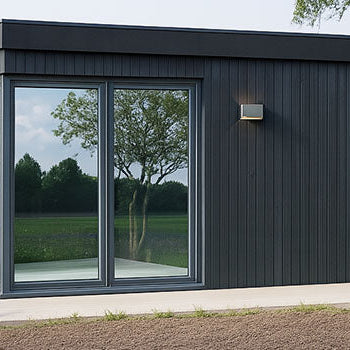 Contemporary garden room with black vertical cladding and glass corner windows, positioned on a concrete base in an open countryside setting.