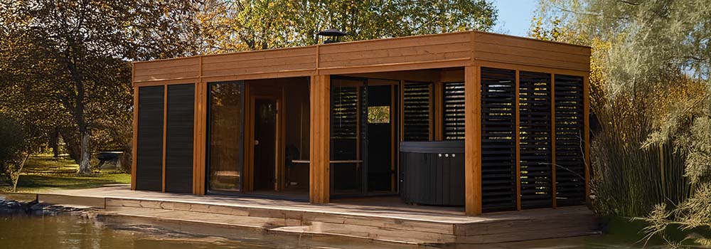 Modern flat-roof garden room with hot tub and wooden deck surrounded by autumn trees.