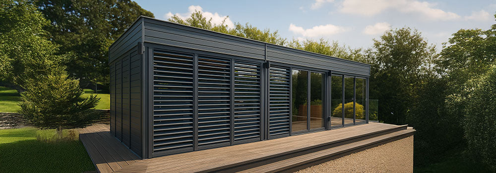 Modern grey garden room with glass doors and louvered shutters on a timber deck with gravel path.