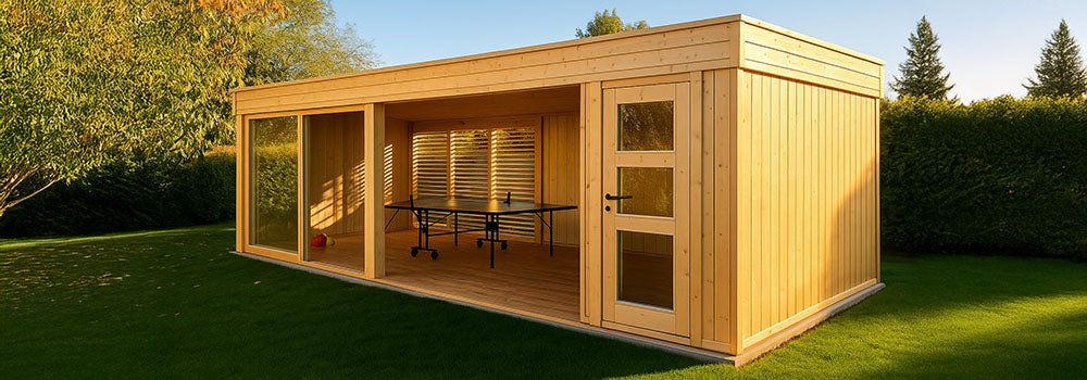 Modern light-wood garden room with open middle space and ping pong table, framed by glass panels and lawn at sunset.