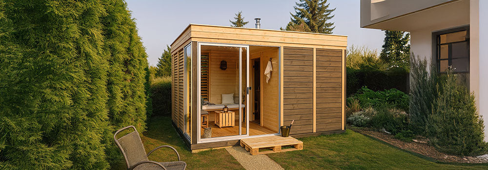 Modern wooden garden sauna room with glass sliding doors and cozy interior in a landscaped backyard at golden hour.