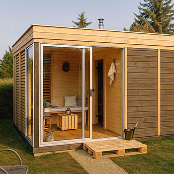 Modern wooden garden sauna room with glass sliding doors and cozy interior in a landscaped backyard at golden hour.