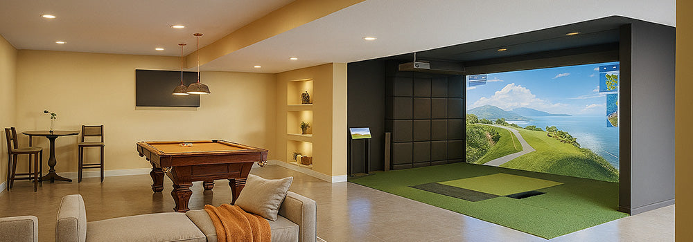 Basement golf simulator room with pool table and modern lounge furniture.